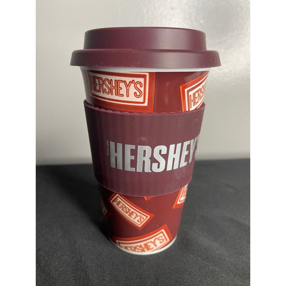 Hershey's Galerie Ceramic Travel Mug Maroon Chocolate Bar Wrapper Tumbler 6in